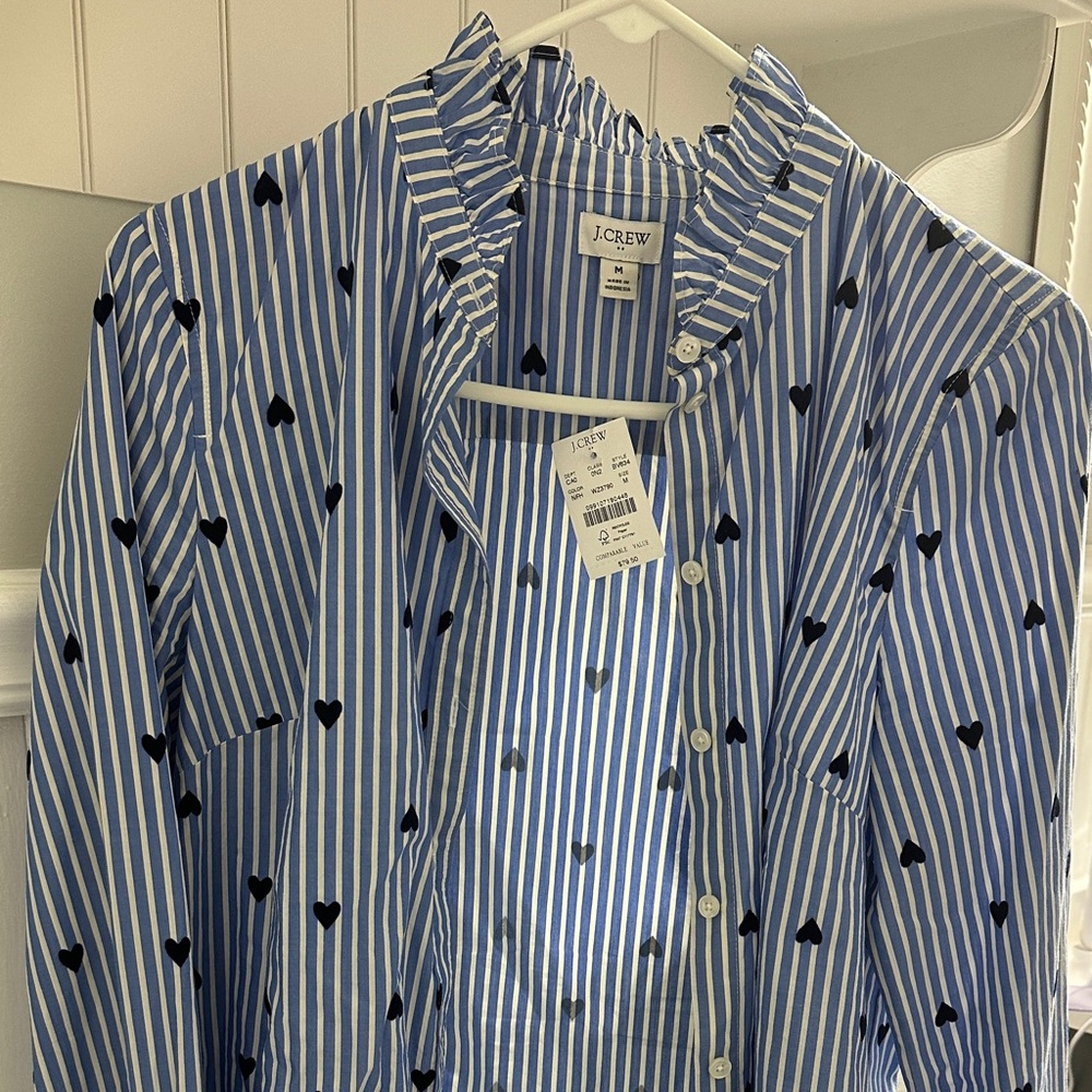 J. Crew Factory pin-stripped cotton shirt with blue velvet heart accents. NWT.
